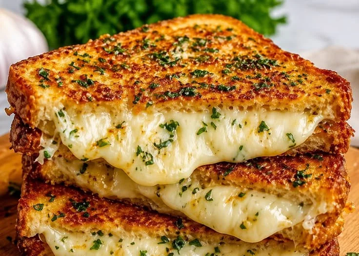 Delicious Garlic Bread Grilled Cheese sandwich on a plate