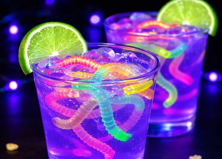 Bottle of Glow Worm Soda with vibrant packaging and glowing design.