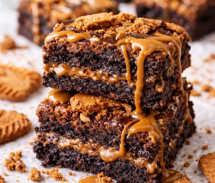 Gooey Biscoff brownies drizzled with melted chocolate and Biscoff spread.