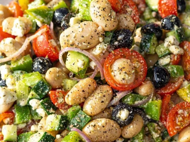 Delicious Greek Bean Salad with Marinated Beans served in a bowl.
