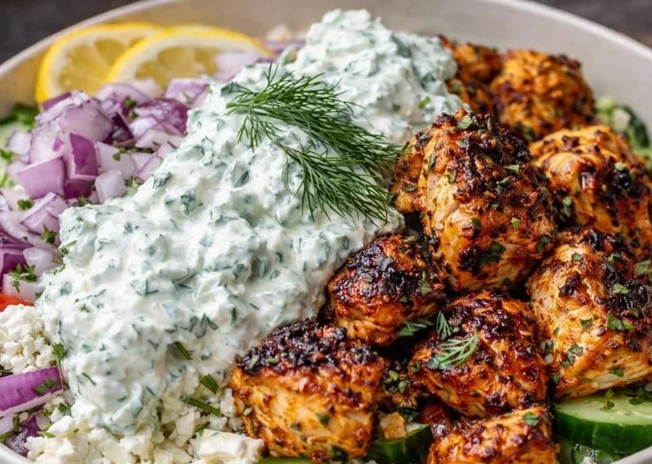 Delicious Greek Chicken Bowls with fresh vegetables and herbs