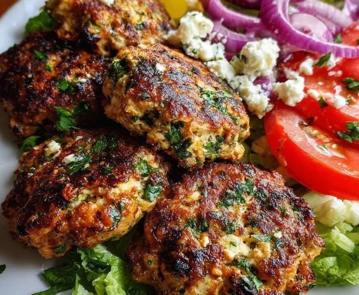 Greek chicken burgers topped with feta and herbs on a plate