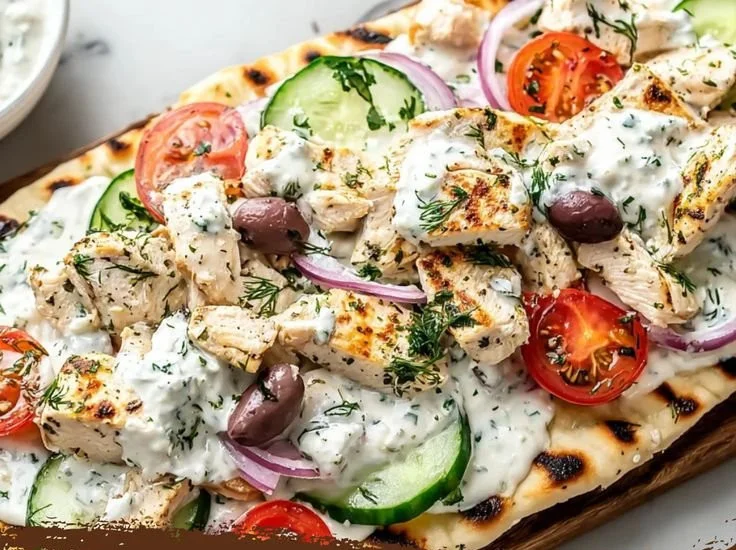 Greek Chicken Flatbread with fresh toppings on a wooden table