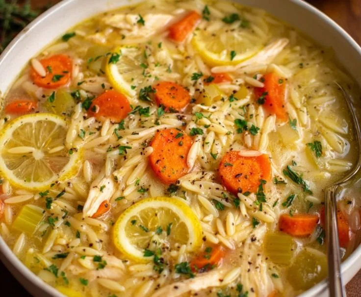 Bowl of Greek-Inspired Lemon Chicken Orzo Soup with fresh herbs and lemon slices.