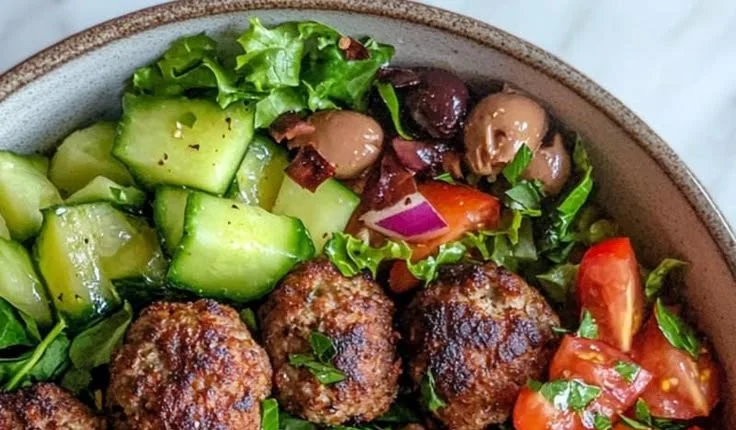 Delicious Greek meatball bowl topped with fresh herbs and ingredients