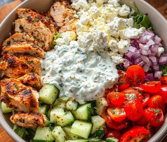 Delicious Greek-style chicken bowls with fresh veggies and flavorful dressing