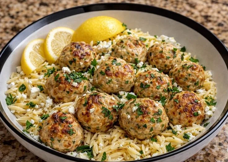 Plate of Greek-style chicken meatballs served with lemon orzo