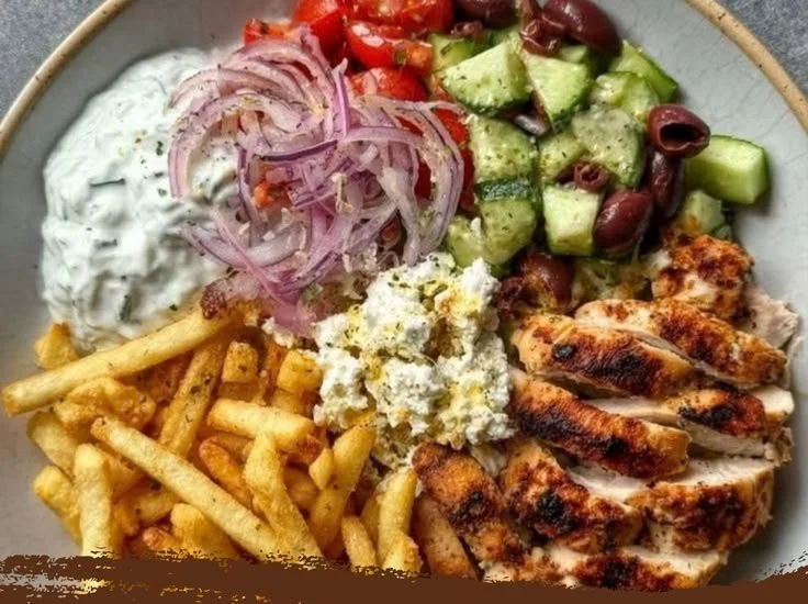 Delicious Greek-Style Chicken Plate with tzatziki sauce and fries