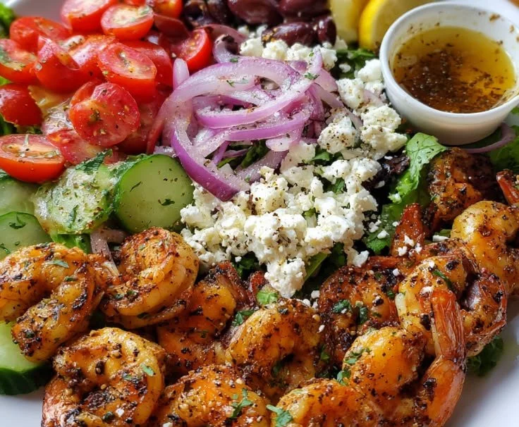 Greek-Style Shrimp Bowl with vibrant Mediterranean ingredients and flavors