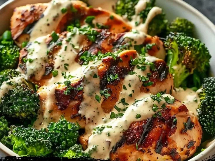 Grilled chicken and broccoli bowl with creamy garlic sauce served in a bowl