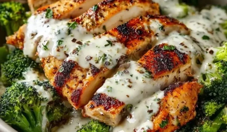 Grilled chicken broccoli bowl drizzled with creamy garlic sauce.