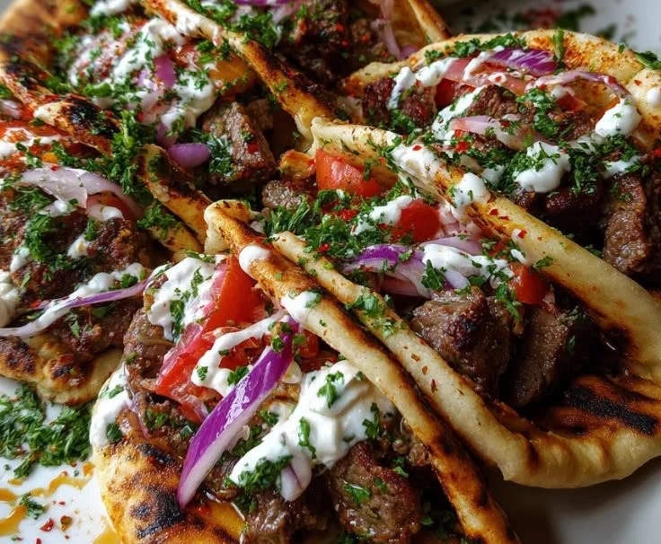 Delicious grilled lamb pita arayes served with fresh vegetables and sauce.