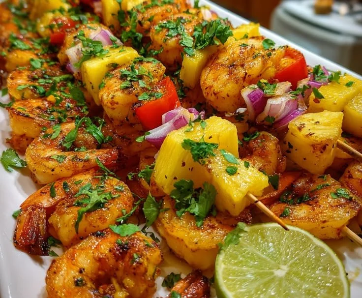 Grilled shrimp and pineapple skewers served on a plate with fresh herbs.