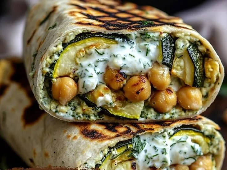 Grilled zucchini wraps with feta and chickpeas on a plate