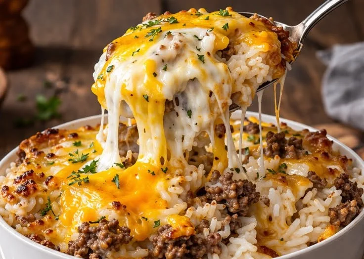 Delicious Ground Beef and Rice Casserole served in a colorful dish