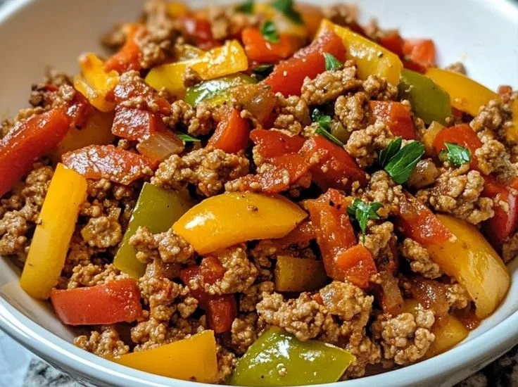 Ground turkey and peppers bowls recipe with fresh vegetables