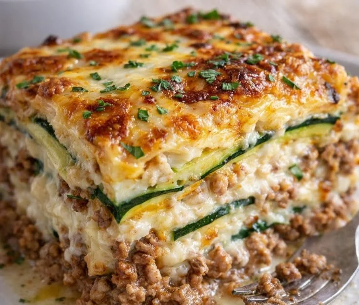 Ground turkey zucchini casserole in a baking dish, healthy dinner option