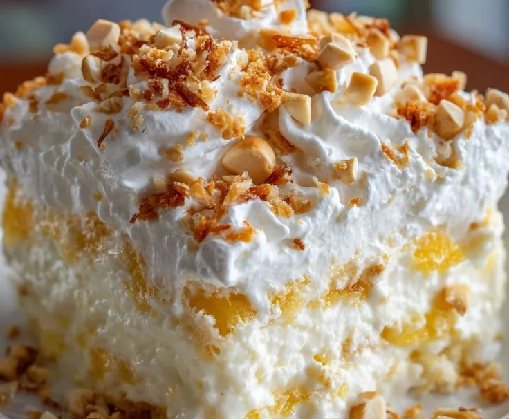Delicious Hawaiian Pineapple Coconut Fluff dessert served in a bowl