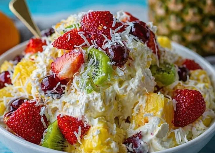 Hawaiian-Style Cheesecake Salad topped with tropical fruits and whipped cream