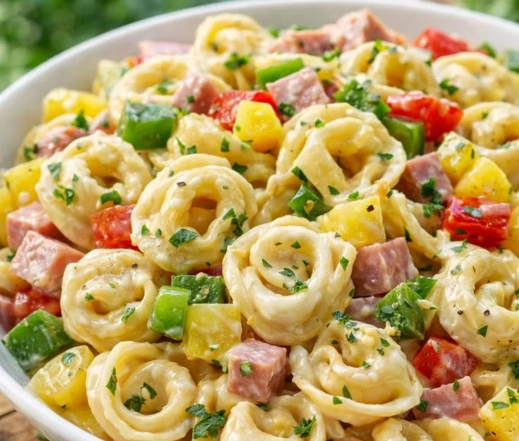 Hawaiian Tortellini Pasta Salad featuring fresh ingredients and vibrant colors