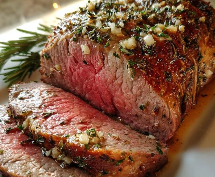 Herb-crusted Christmas beef roast with seasonal herbs and sides
