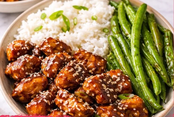 High-protein Asian Sesame Chicken served on a plate with fresh vegetables