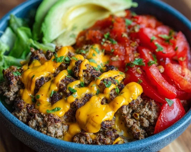 High-protein cheeseburger bowls filled with beef, veggies, and cheese