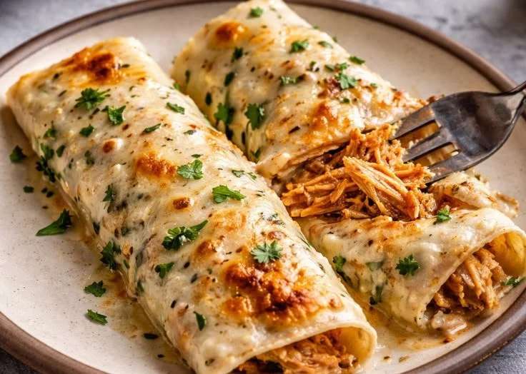 High-protein chicken enchiladas topped with melted cheese and fresh ingredients