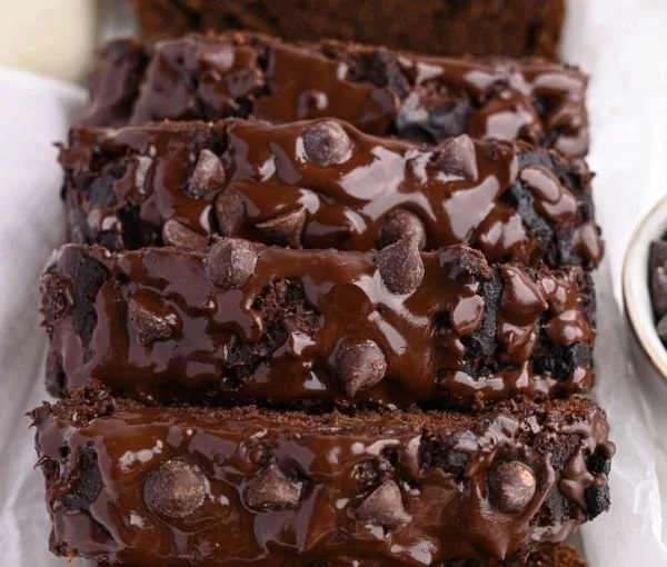 High-protein chocolate banana bread freshly baked and ready to enjoy.