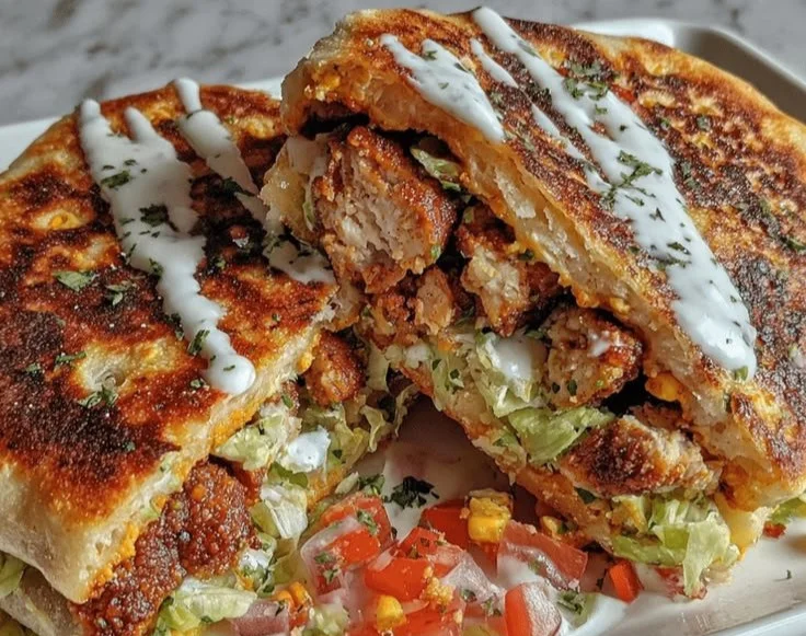 High-protein cottage cheese chicken wraps on crispy flatbread