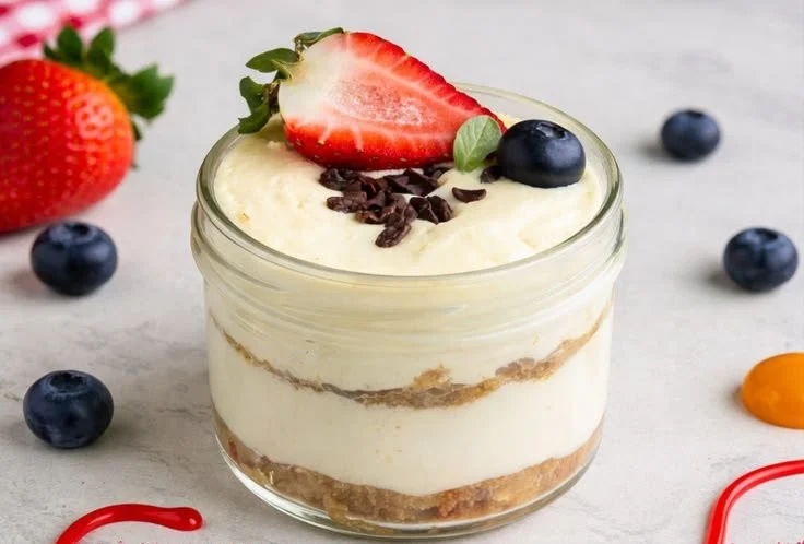 High-protein cottage cheesecake jars topped with fresh fruit and granola