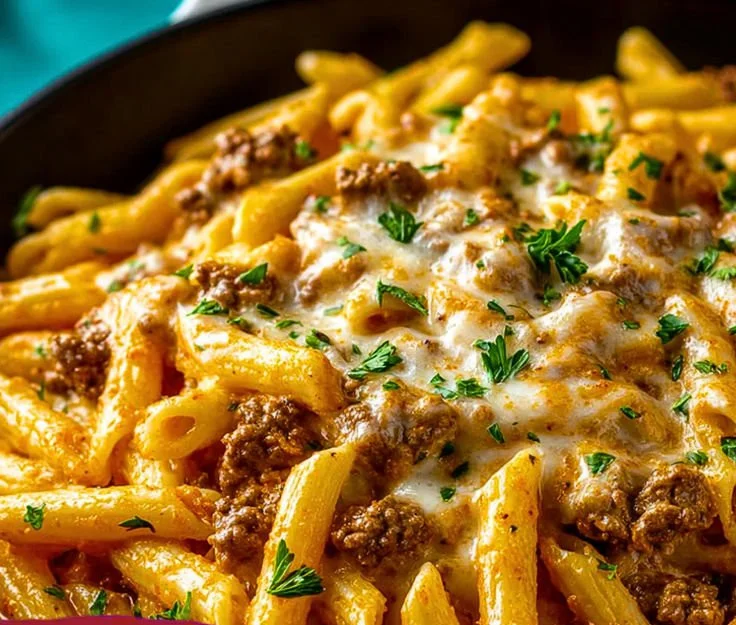 High-protein creamy beef pasta dish garnished and served in a bowl
