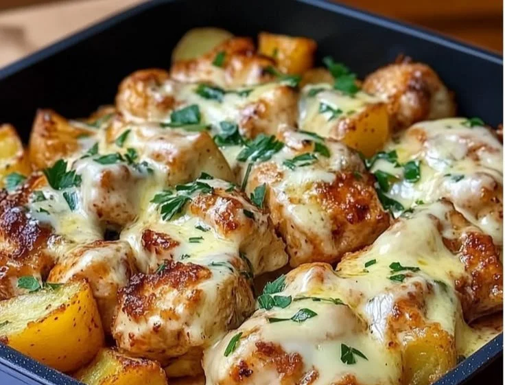 High-protein creamy garlic chicken with cheesy potatoes dish