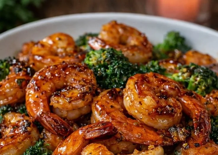Delicious honey garlic shrimp served on a plate with vegetables and rice.