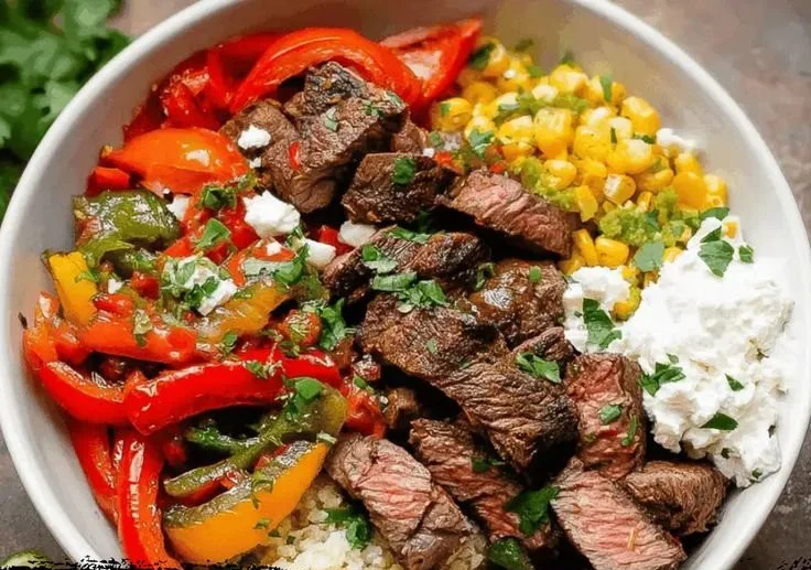 High-protein steak fajita bowl with colorful vegetables and toppings