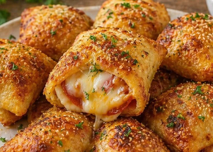 Homemade air fryer pizza rolls freshly cooked and ready to serve.
