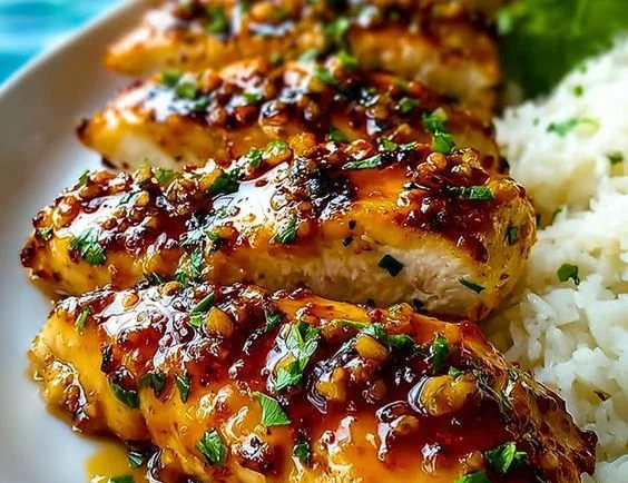 Honey garlic chicken breasts dish, garnished and ready to serve