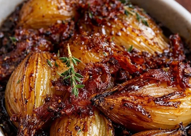 Honey-glazed shallots served with crispy bacon in a gourmet dish.