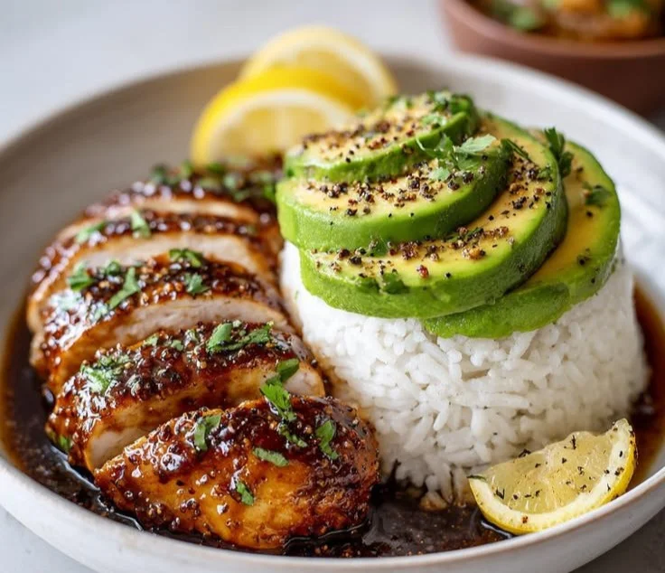 Plate of Honey Lime Chicken with Avocado Rice garnished with lime slices.