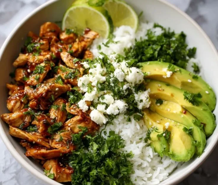 Honey Lime Chicken served with Avocado Rice Bowl - Healthy High-Protein Dinner