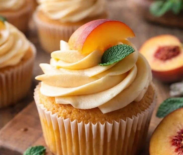 Delicious honey peach cream cheese cupcakes topped with frosting