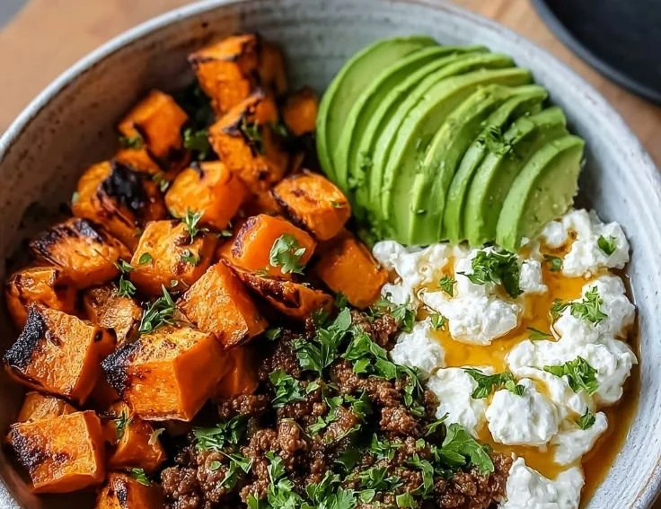 Hot Honey Ground Beef Bowl topped with fresh vegetables and served in a colorful dish.
