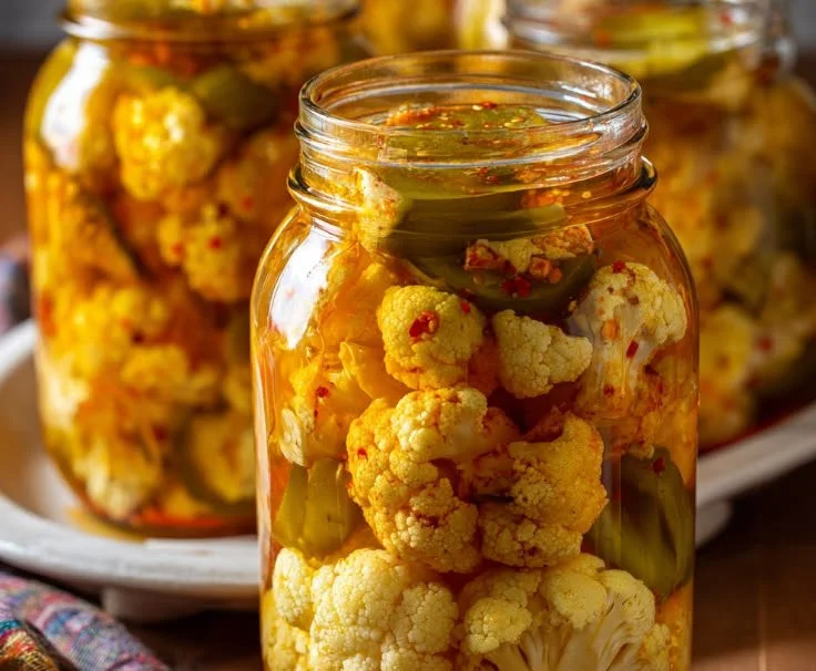 A jar of homemade pickled cauliflower with spices, ready to enjoy.