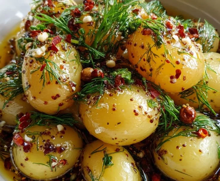 Jars of pickled potatoes ready for preservation and serving.