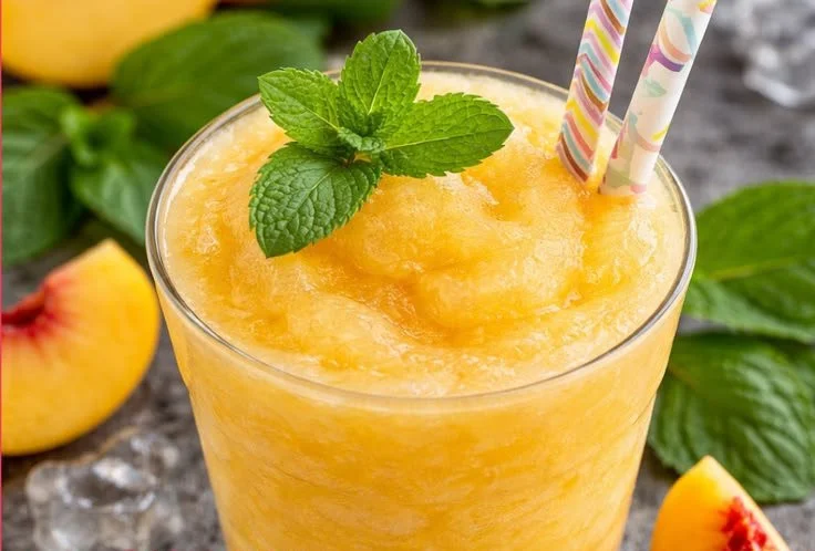 Delicious icy peach lemonade in a glass with fresh peaches and lemon slices.