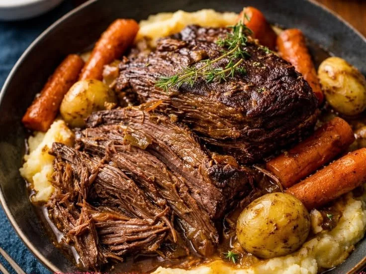 Ina Garten's flavorful Company Pot Roast ready to serve