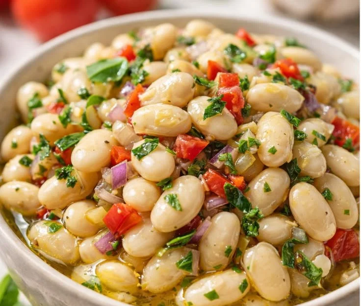 A bowl of Italian marinated white beans, garnished with fresh herbs.