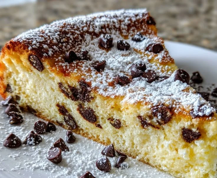 Italian Ricotta Cake with chocolate chips on a white plate