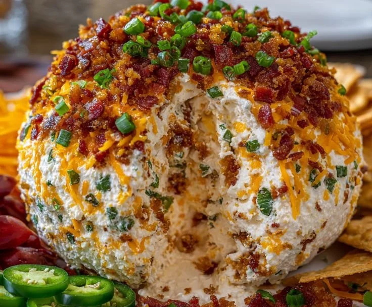 Delicious Jalapeño Popper Cheese Ball on a serving platter garnished with herbs.