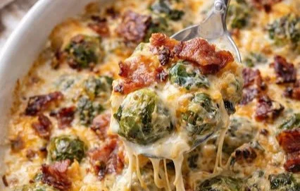 Cheesy Keto Brussels Sprouts with Bacon dish served in a bowl